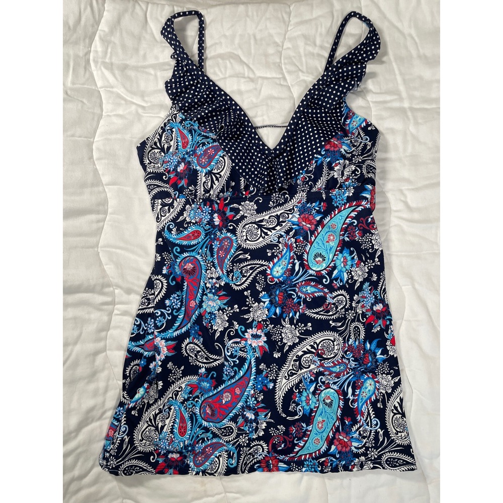 Kim Rogers Womens Paisley Polka Dot Ruffle Swim Dress Navy Blue Medium